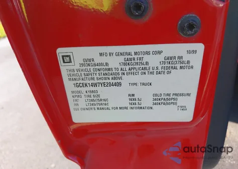 2000 Chevrolet Silverado 1500 из США, поврежденный, VIN 1GCEK14W7YE204409